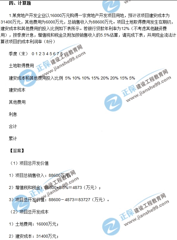 房地產(chǎn)開發(fā)經(jīng)營(yíng)與管理試題計(jì)算第一題