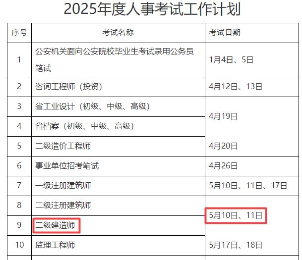 2025年浙江二級(jí)建造師考試時(shí)間5月10日、11日
